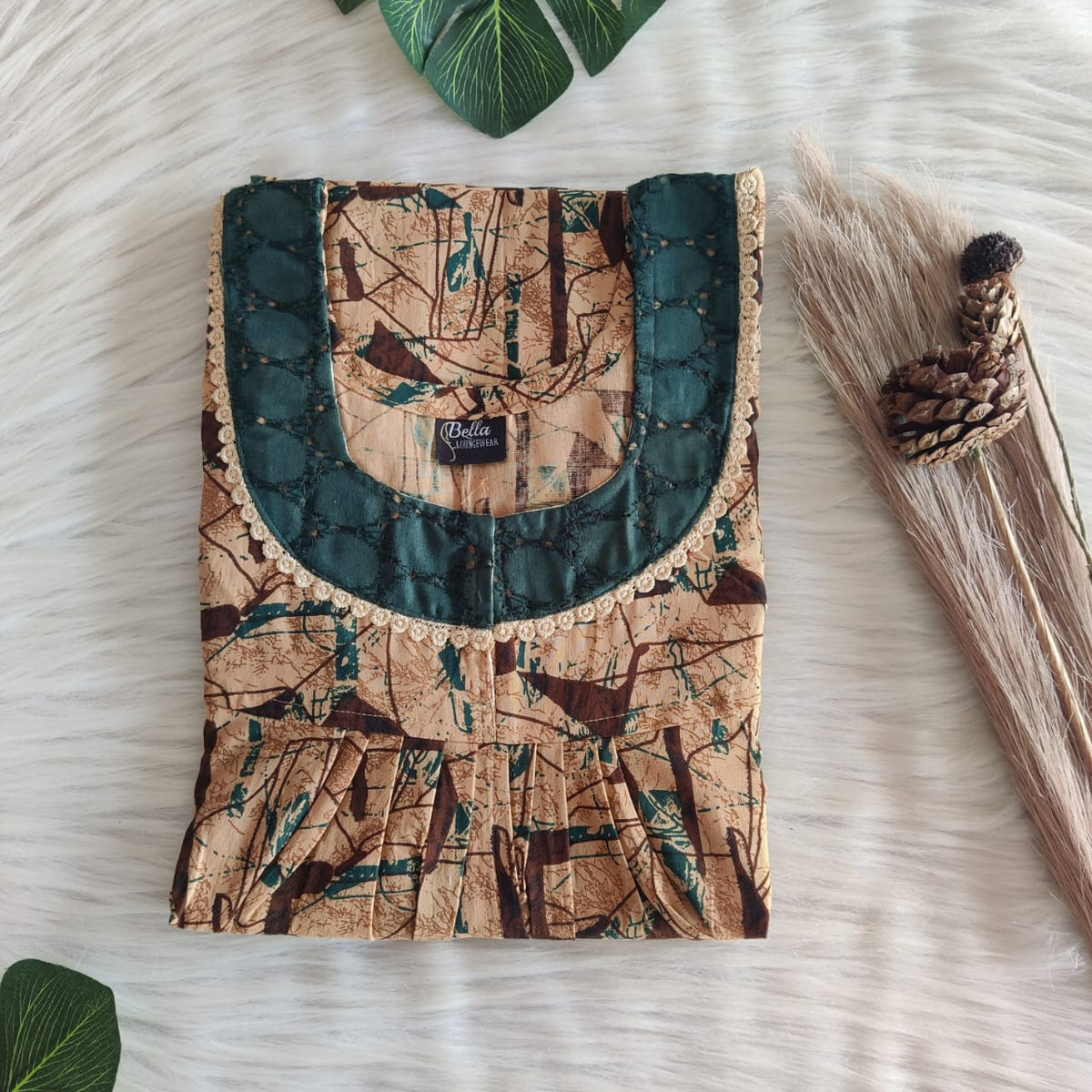 Brown Printed Premium Cotton Hakoba Lace Nighty | Free Size | Chest Width 44″| Length 54″-56″