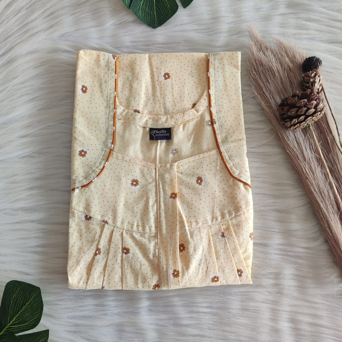 Yellow Floral Printed Pure Cotton Pleated Zip Nighty | Free Size | Chest Width 44″| Length 54″-55″