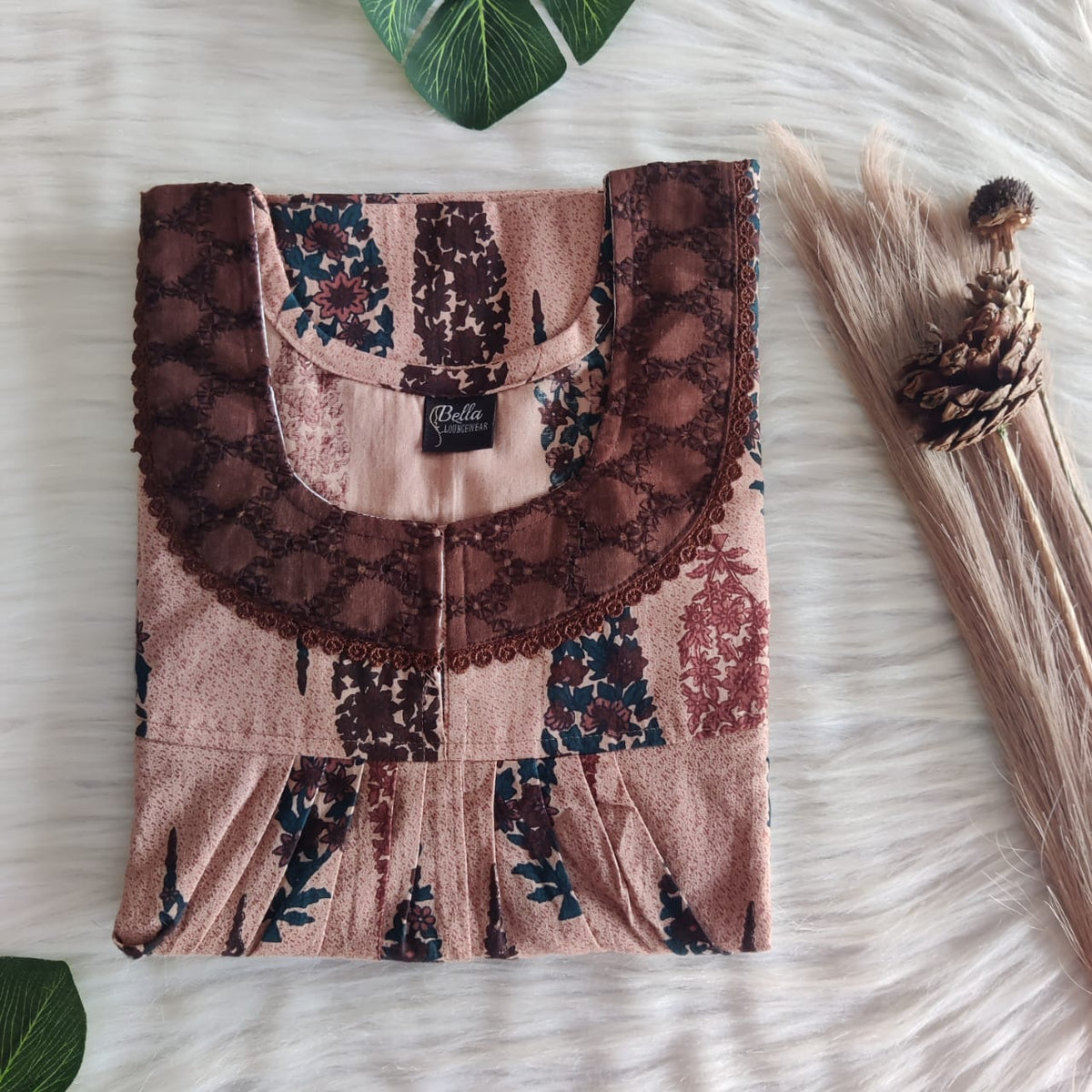 Brown Printed Premium Cotton Hakoba Lace Nighty | Free Size | Chest Width 44″| Length 54″-56″