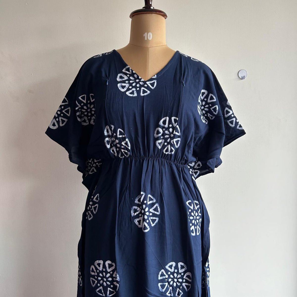 Navy Blue Printed Rayon Feeding Kaftan | Free Size | Chest Width 44″| Length 56″