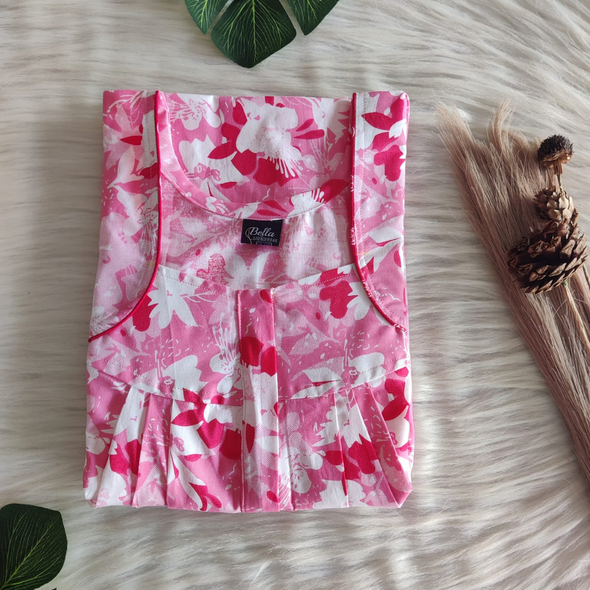 Peach Floral Premium Cotton Pleated Zip Nighty | Free Size | Chest Width 44″| Length 54″-55″