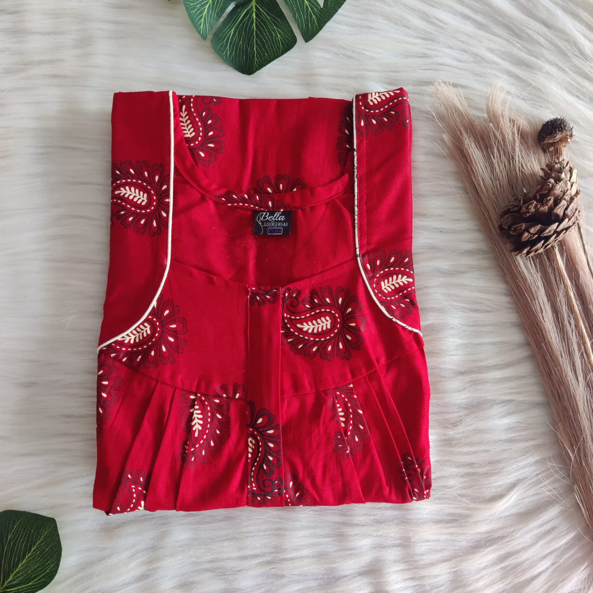 Red Kalamkari Premium Cotton Pleated Zip Nighty | Free Size | Chest Width 44″| Length 54″-55″
