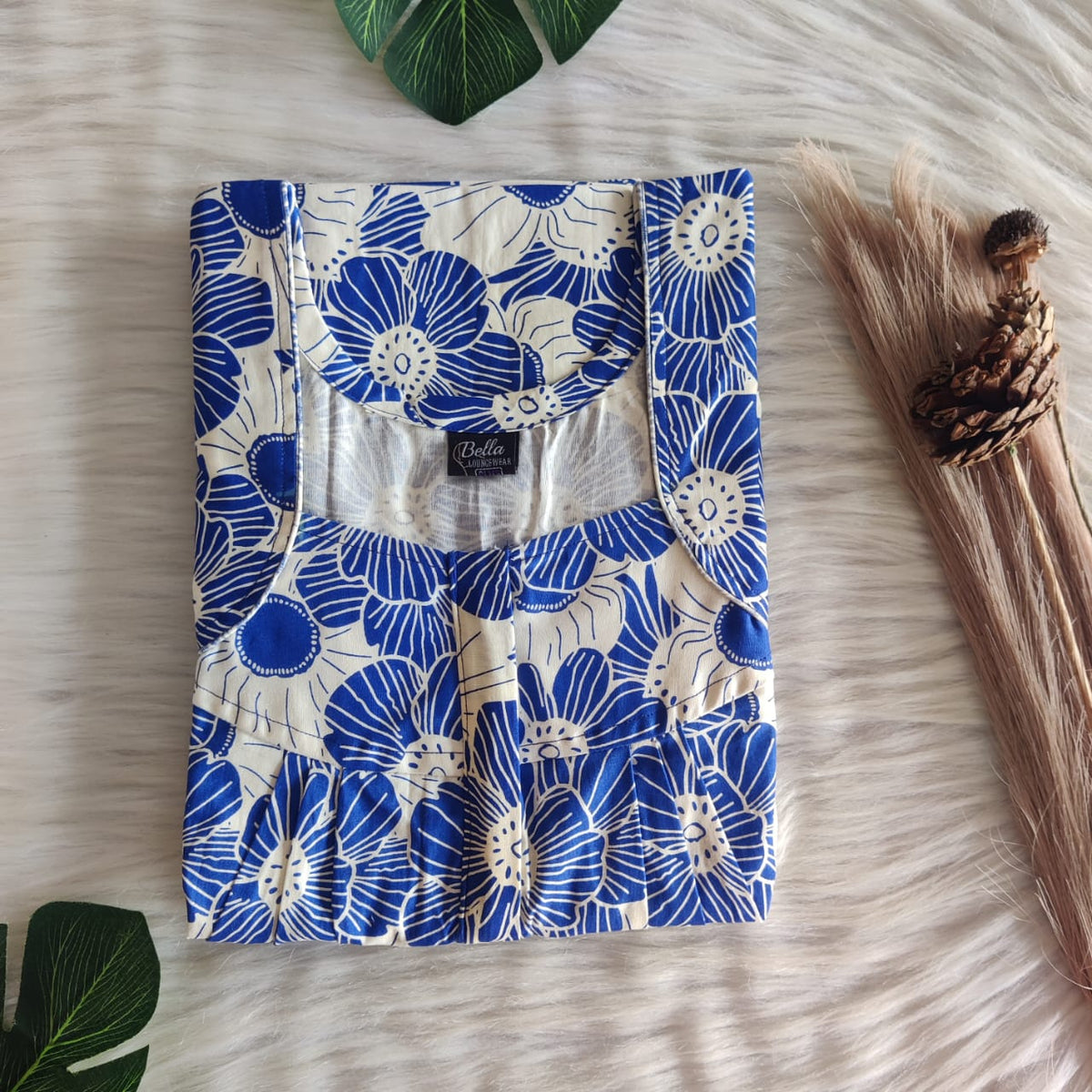 Royal Blue Floral Premium Cotton Pleated Zip Nighty | Free Size | Chest Width 44″| Length 54″-55″