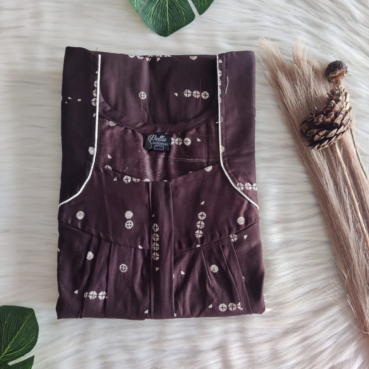 Coffee Brown Premium Cotton Pleated Zip Nighty | Free Size | Chest Width 44″| Length 54″-55″