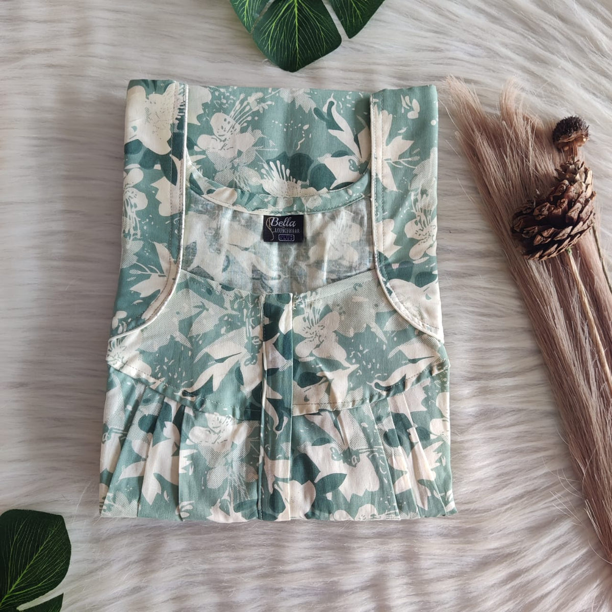 Pastel Green Premium Cotton Pleated Zip Nighty | Free Size | Chest Width 44″| Length 54″-55″