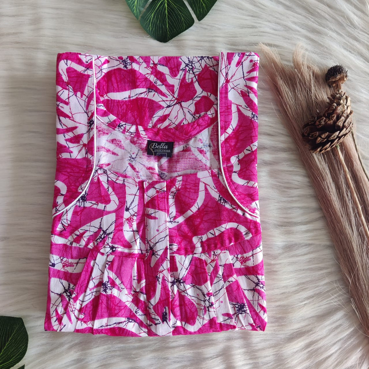 Pink Premium Cotton Pleated Zip Nighty | Free Size | Chest Width 44″| Length 54″-55″