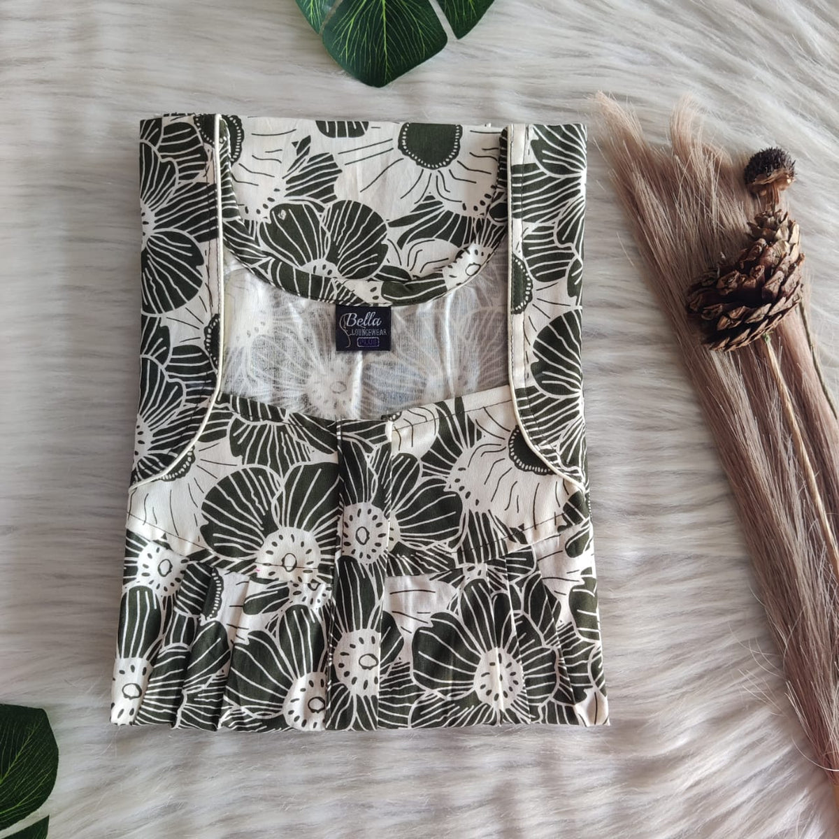 Olive Green Floral Premium Cotton Pleated Zip Nighty | Free Size | Chest Width 44″| Length 54″-55″