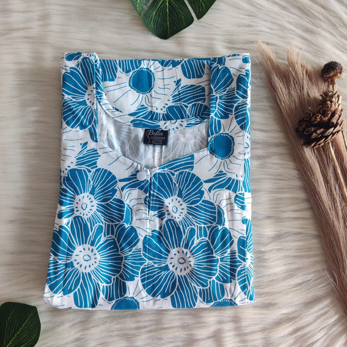 Blue Floral Printed Premium Cotton Aline Cut Vertical Zip Feeding Nighty | Free Size | Chest Width 44″| Length 54″-56″