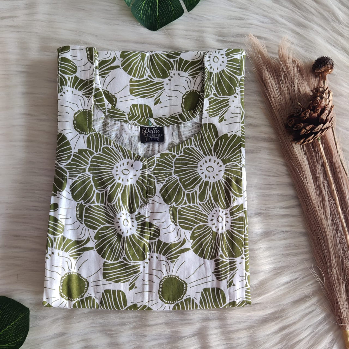 Olive Green Floral Printed Premium Cotton Aline Cut Vertical Zip Feeding Nighty | Free Size | Chest Width 44″| Length 54″-56″