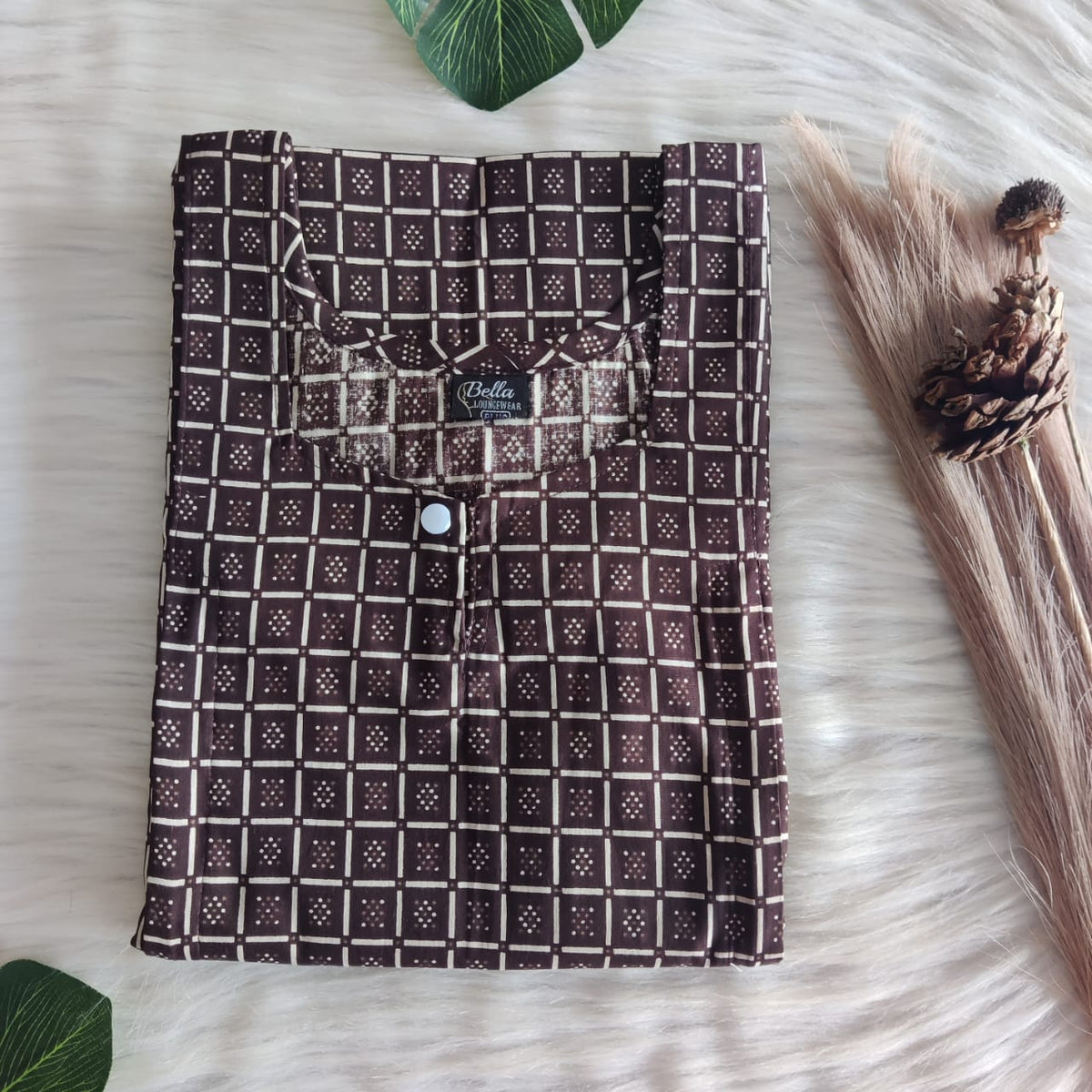 Coffee Brown Check Printed Premium Cotton Aline Cut Vertical Zip Feeding Nighty | Free Size | Chest Width 44″| Length 54″-56″