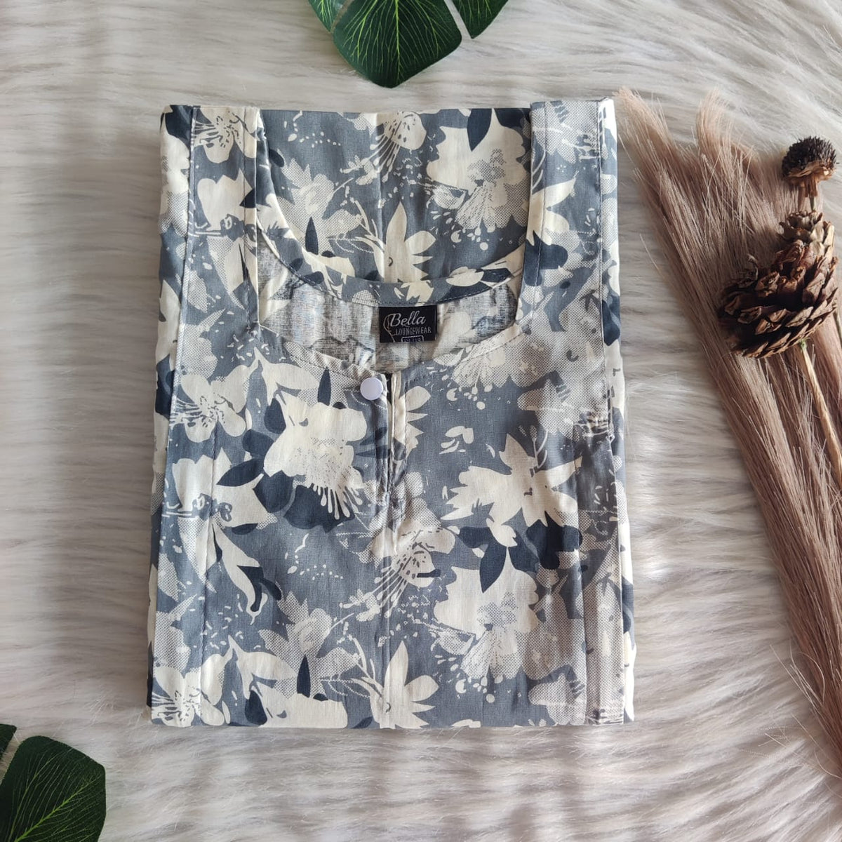 Grey And White Floral Printed Premium Cotton Aline Cut Vertical Zip Feeding Nighty | Free Size | Chest Width 44″| Length 54″-56″