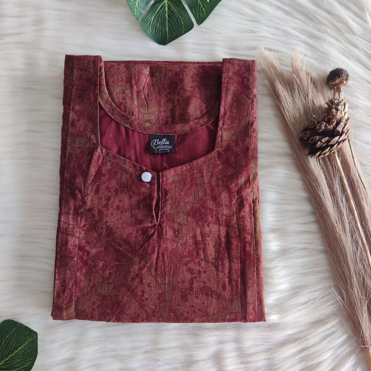 Maroon Printed Discharge Cotton Aline Cut Vertical Zip Feeding Nighty | Free Size | Chest Width 44″| Length 54″-56″