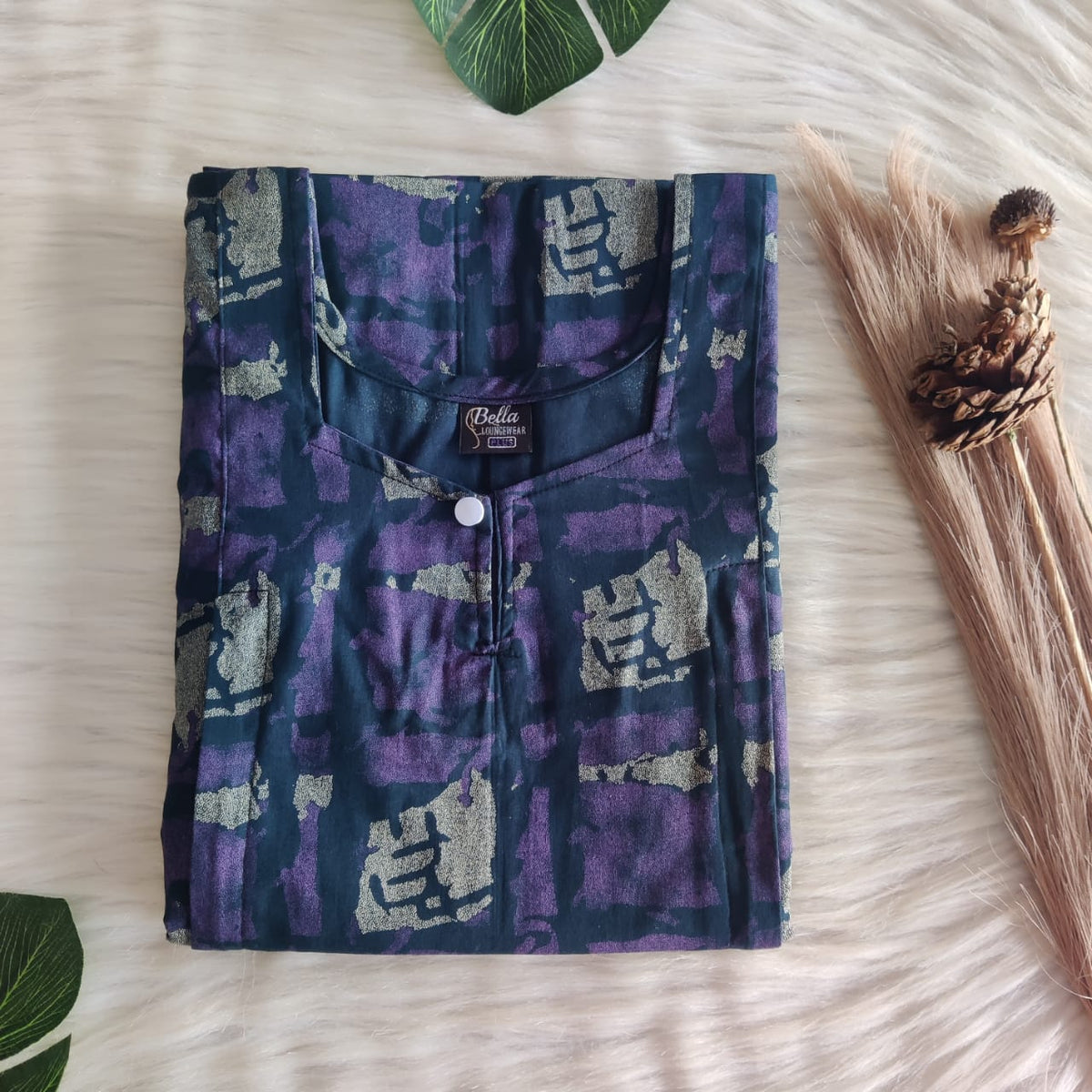 Violet Printed Navy Blue Discharge Cotton Aline Cut Vertical Zip Feeding Nighty | Free Size | Chest Width 44″| Length 54″-56″