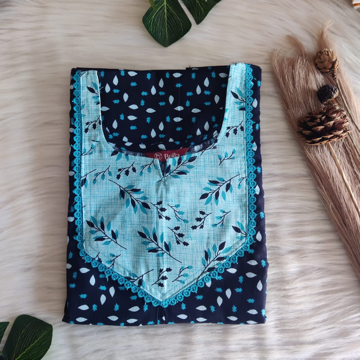 Pale And Dark Blue Printed Premium Cotton Mix N Match Lace Pocket Nighty | Free Size | Chest Width 44″| Length 56″