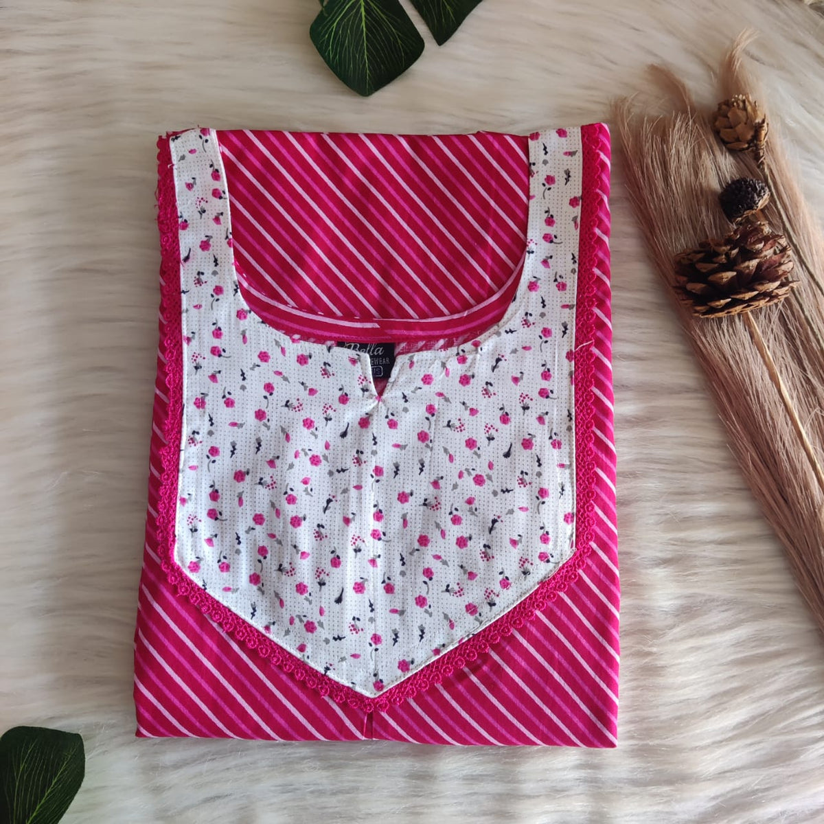 White And Pink Stripes Printed Premium Cotton Mix N Match Lace Pocket Nighty | Free Size | Chest Width 44″| Length 56″