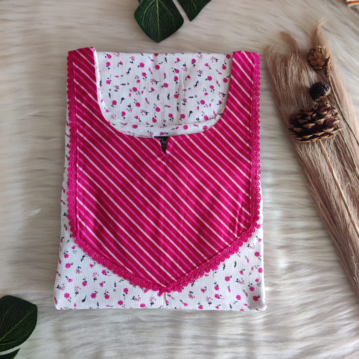 Pink And White Floral Printed Premium Cotton Mix N Match Lace Pocket Nighty | Free Size | Chest Width 44″| Length 56″
