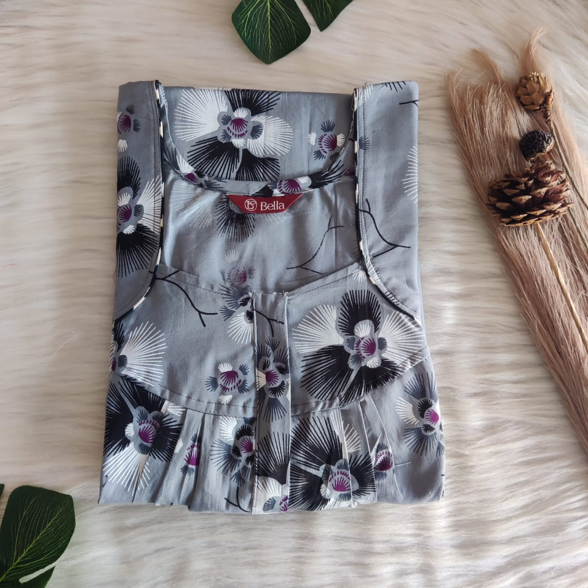 Grey And Black Floral Premium Cotton Pleated Zip Nighty | Free Size | Chest Width 44″| Length 54″-55″