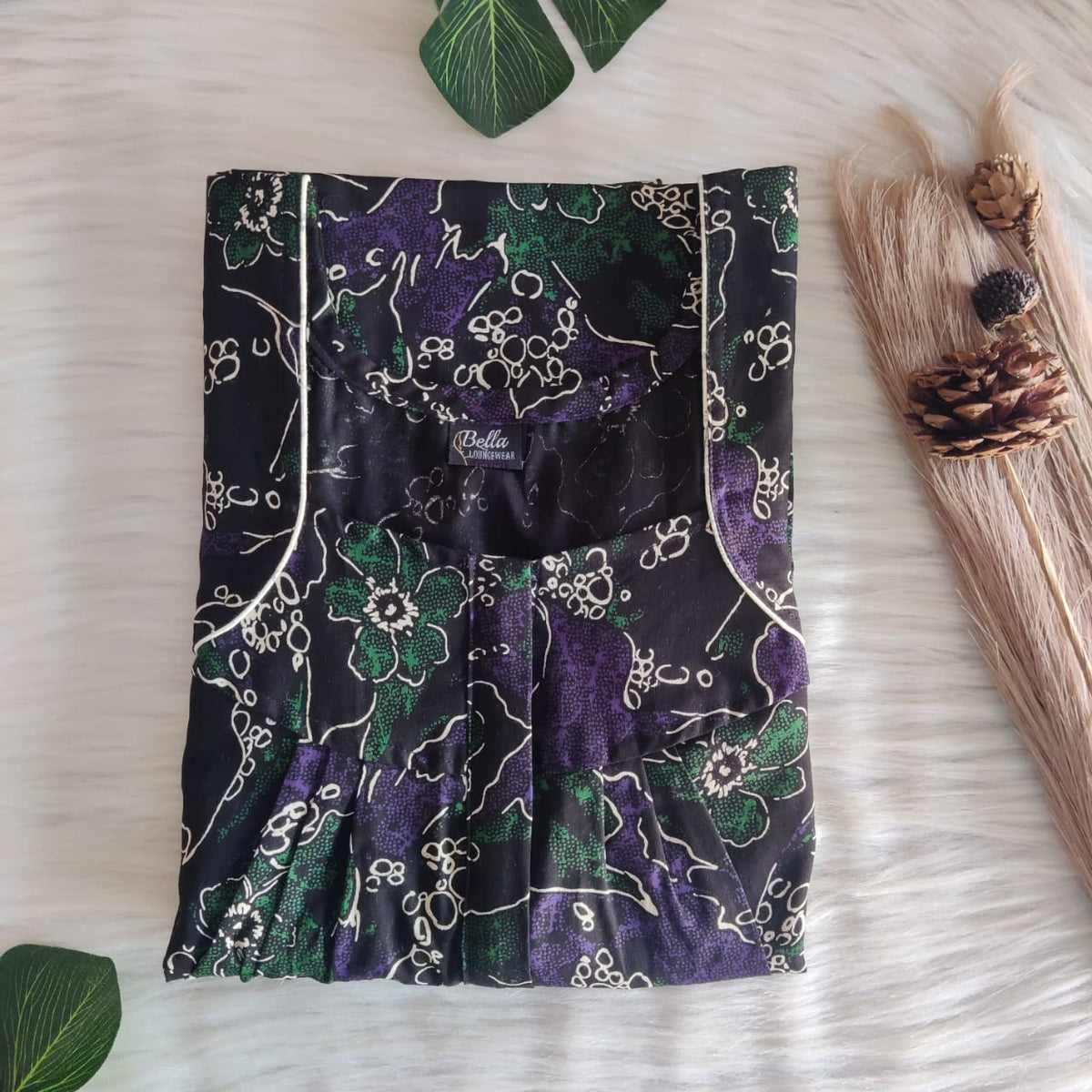 Green Printed Black Discharge Cotton Pleated Zip Nighty | Chest Width 44″ | Length 54″-55″