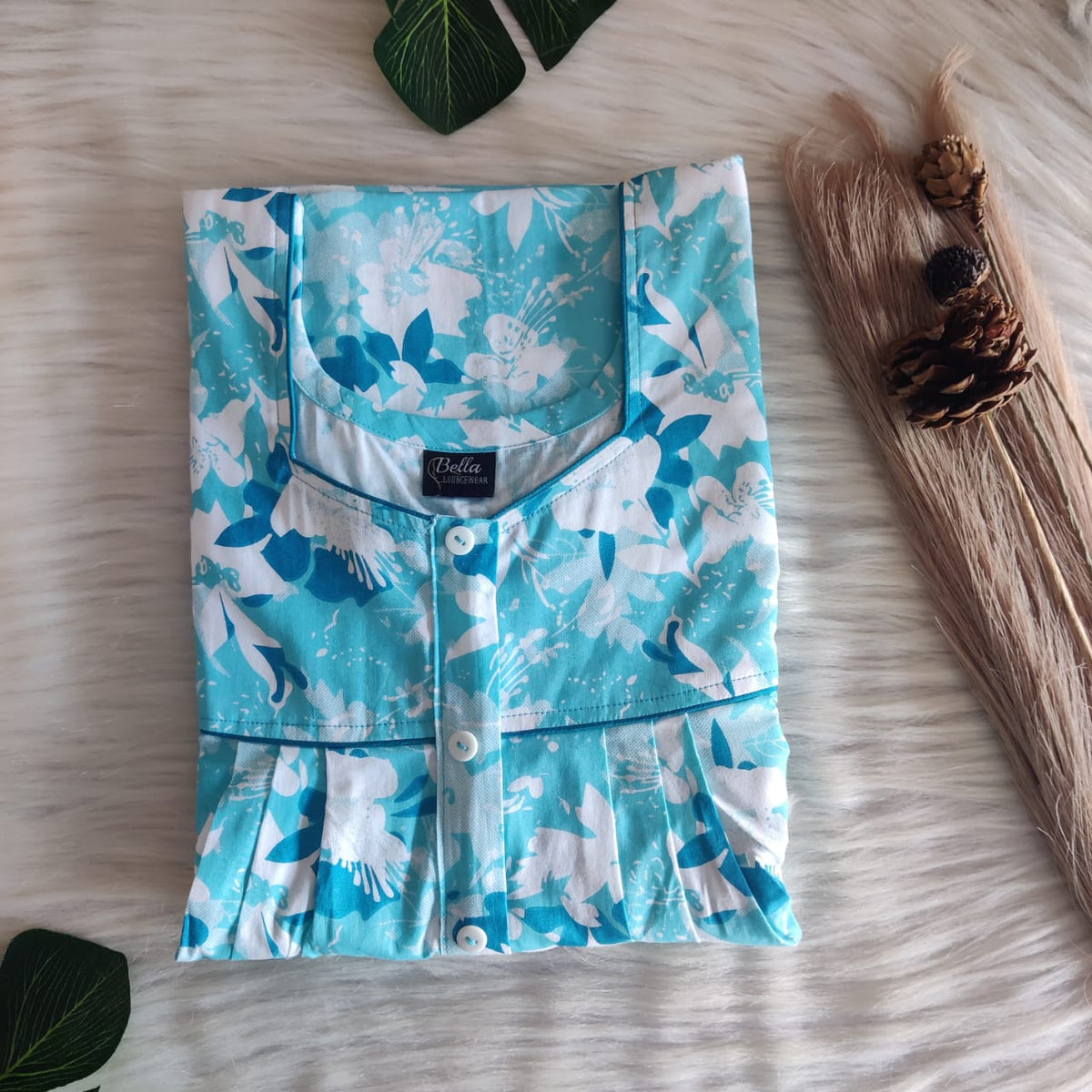 White Printed Blue Premium Cotton Button Zip Nighty | Free Size | Chest Width 44″| Length 55″-56″