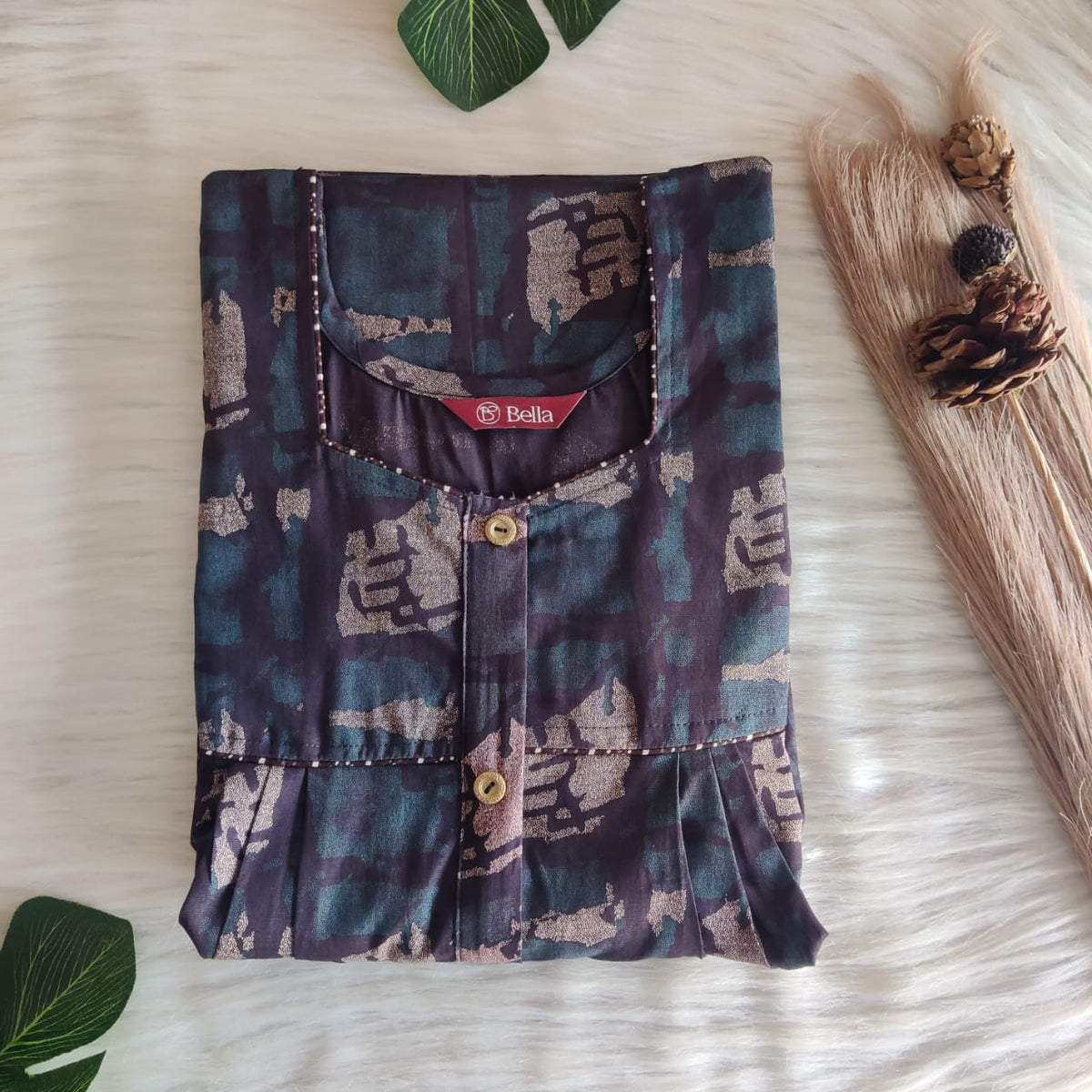 Green Printed Black Discharge Cotton Button Zip Nighty | Free Size | Chest Width 44″| Length 55″-56″