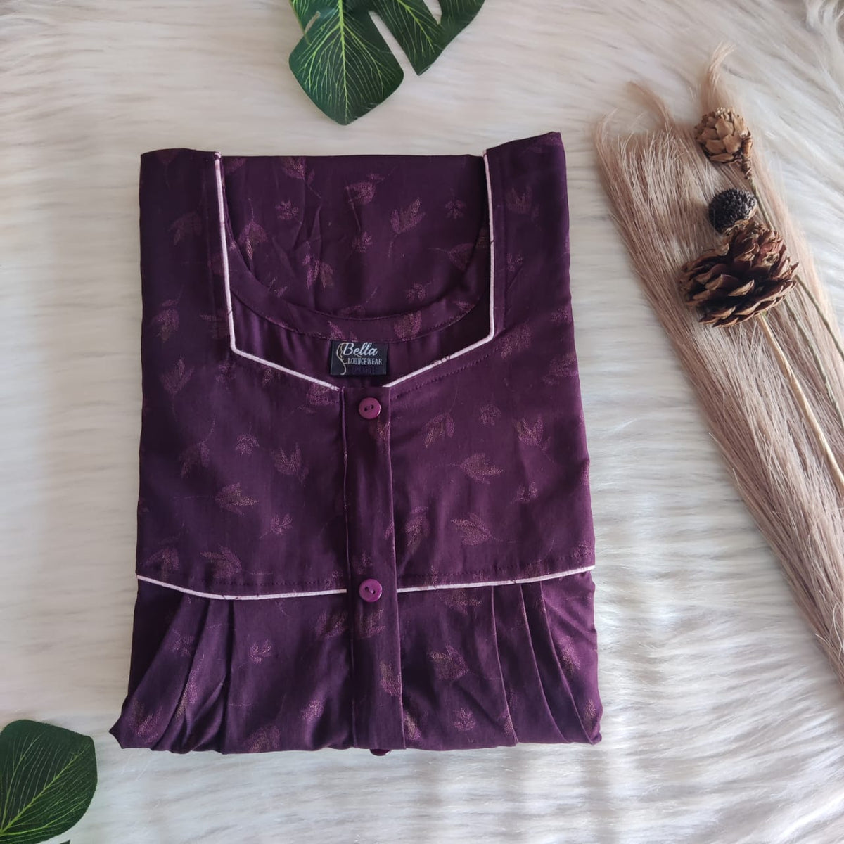 Wine Printed Discharge Cotton Button Zip Nighty | Free Size | Chest Width 44″| Length 55″-56″