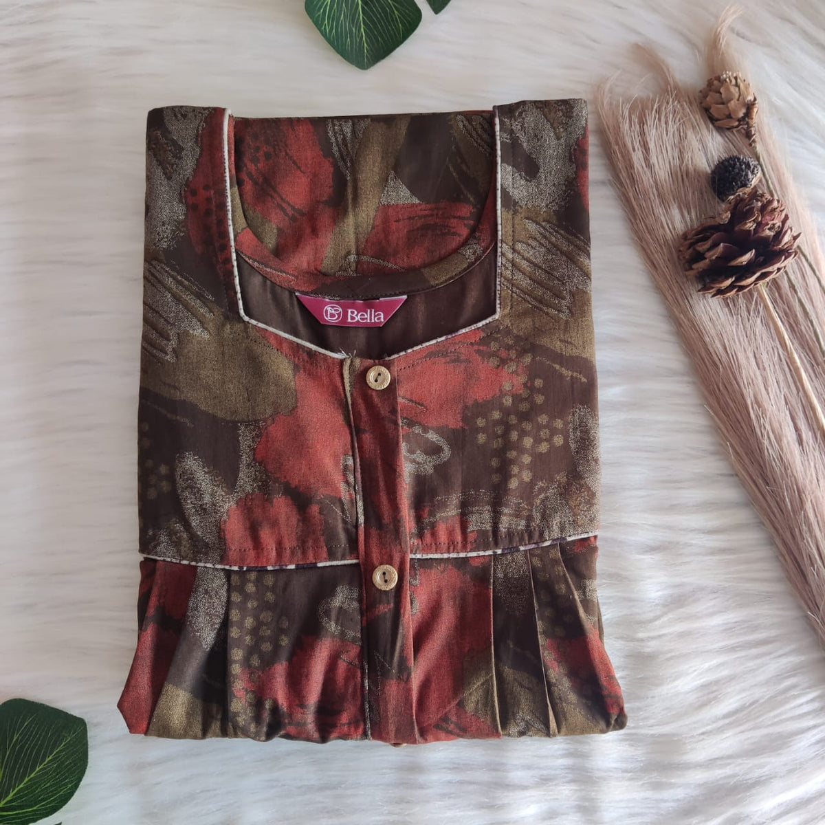 Orange Printed Olive Green Discharge Cotton Button Zip Nighty | Free Size | Chest Width 44″| Length 55″-56″
