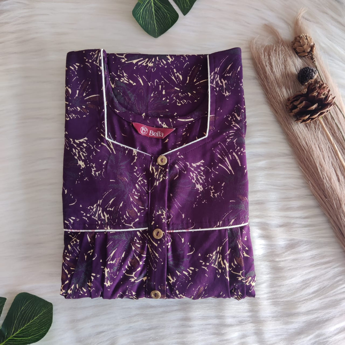 Cream Printed Violet Discharge Cotton Button Zip Nighty | Free Size | Chest Width 44″| Length 55″-56″