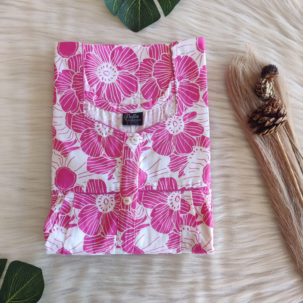 White And Pink Floral Printed Blue Premium Cotton Button Zip Nighty | Free Size | Chest Width 44″| Length 55″-56″