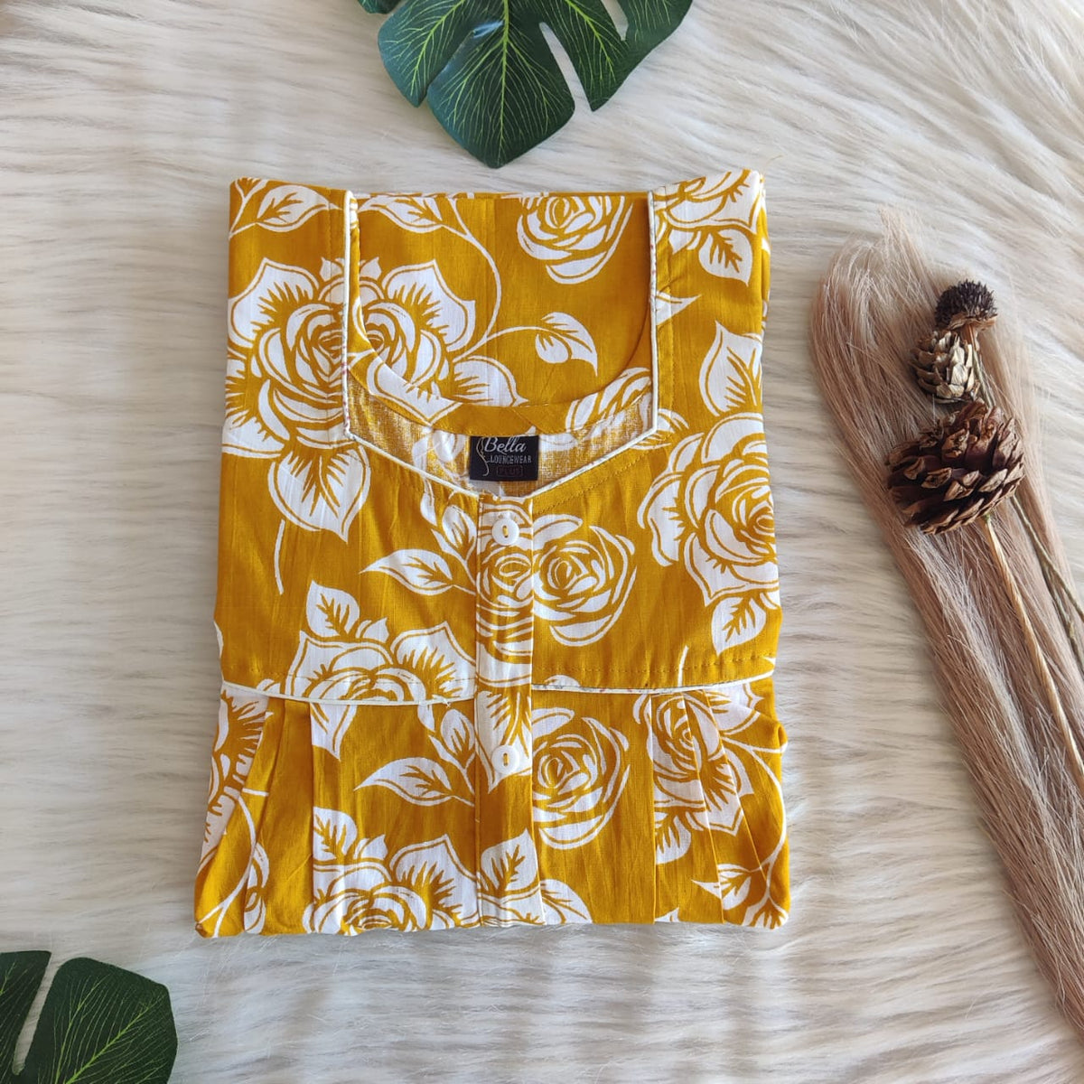 Mustard Yellow Floral Printed Blue Premium Cotton Button Zip Nighty | Free Size | Chest Width 44″| Length 55″-56″