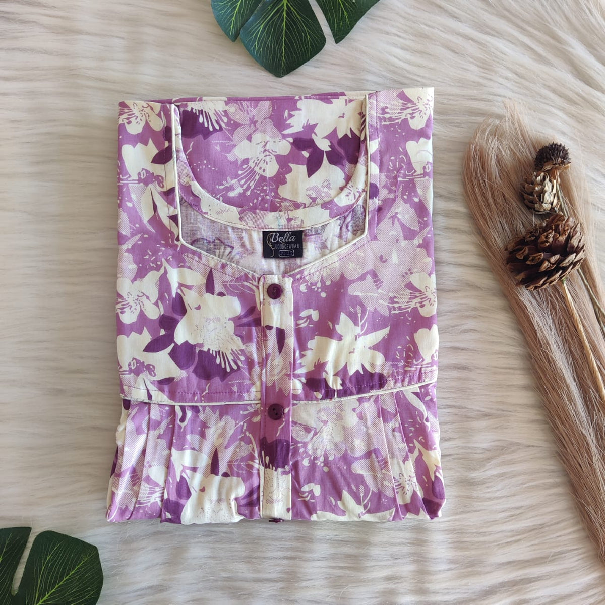 Lavender Floral Printed Blue Premium Cotton Button Zip Nighty | Free Size | Chest Width 44″| Length 55″-56″