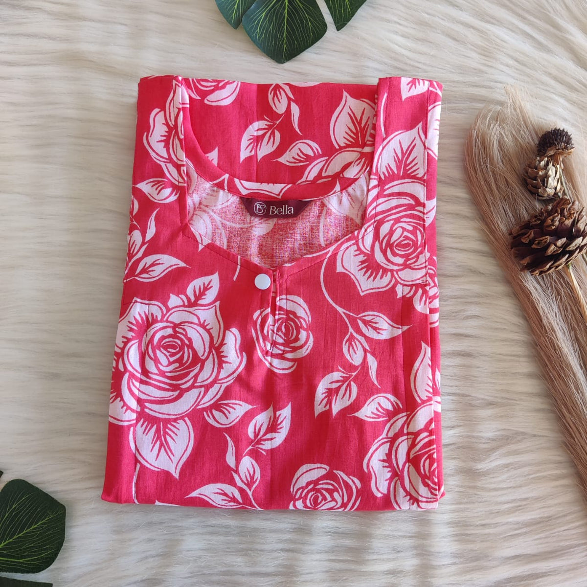 Pink And White Floral  Printed Premium Cotton Aline Cut Vertical Zip Feeding Nighty | Free Size | Chest Width 44″| Length 54″-56″