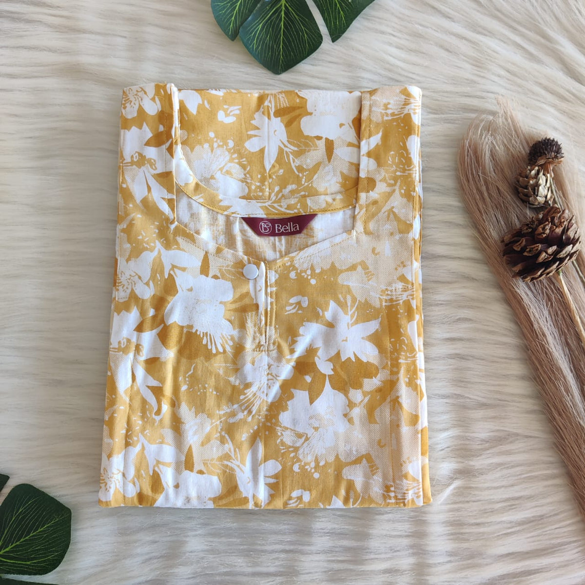 Yellow And White Floral Printed Premium Cotton Aline Cut Vertical Zip Feeding Nighty | Free Size | Chest Width 44″| Length 54″-56″