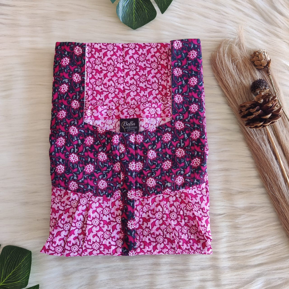 Grey And Pink Floral Premium Cotton Square Neck Pleated Nighty | Free Size | Chest Width 44″| Length 55″-56″