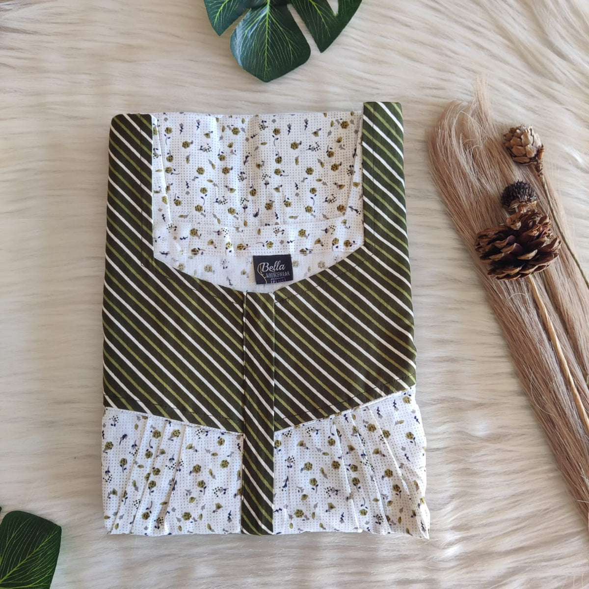 Green And White Floral Premium Cotton Square Neck Pleated Nighty | Free Size | Chest Width 44″| Length 55″-56″