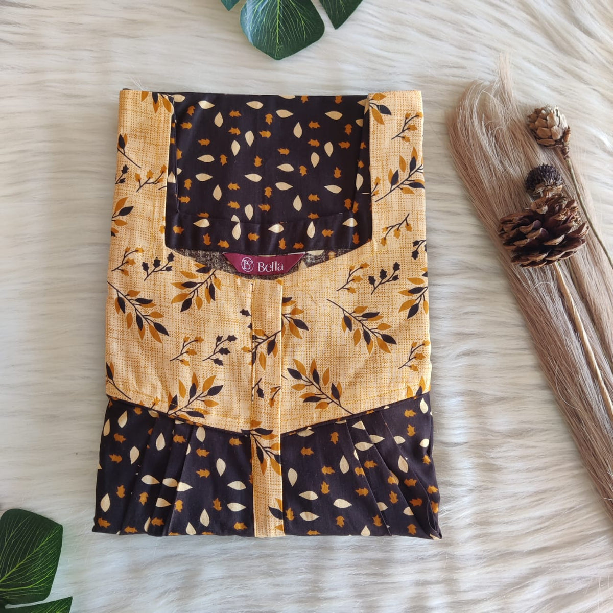 Yellow And Coffee Brown Premium Cotton Square Neck Pleated Nighty | Free Size | Chest Width 44″| Length 55″-56″