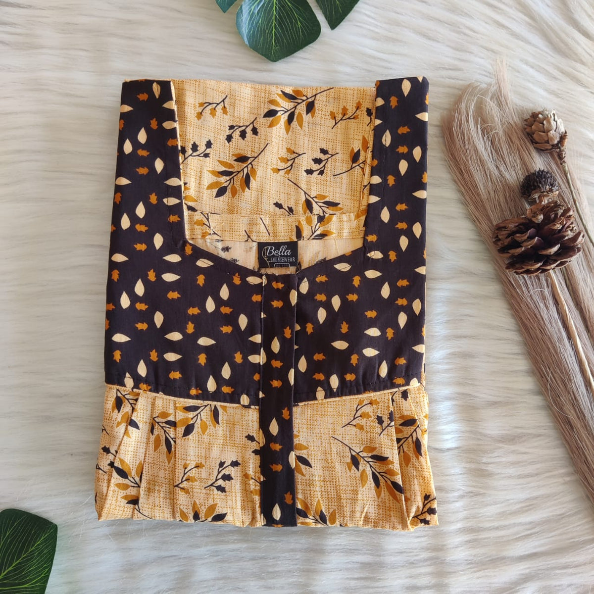 Coffee Brown And Yellow Premium Cotton Square Neck Pleated Nighty | Free Size | Chest Width 44″| Length 55″-56″