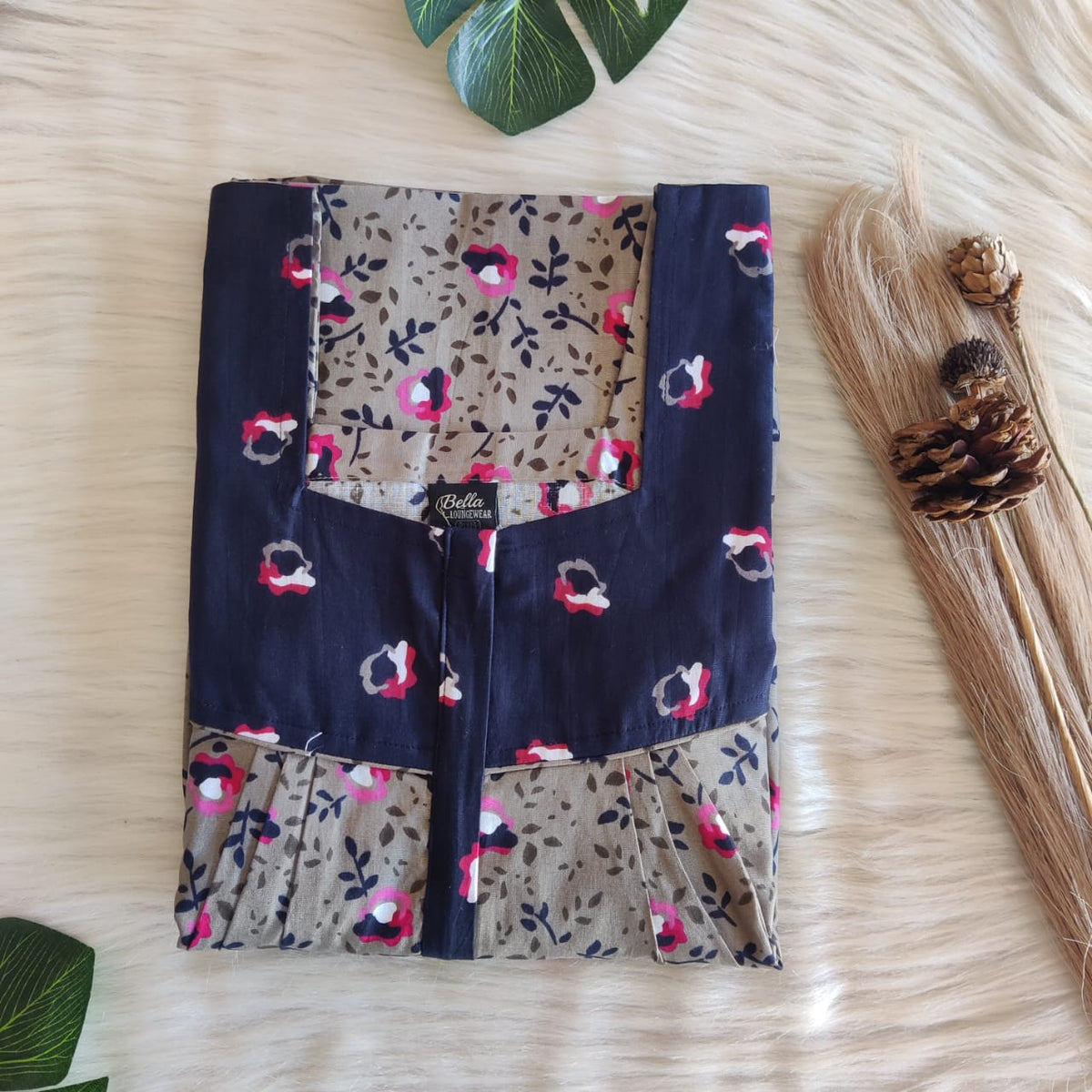 Navy-Blue And Beige Premium Cotton Square Neck Pleated Nighty | Free Size | Chest Width 44″| Length 55″-56″