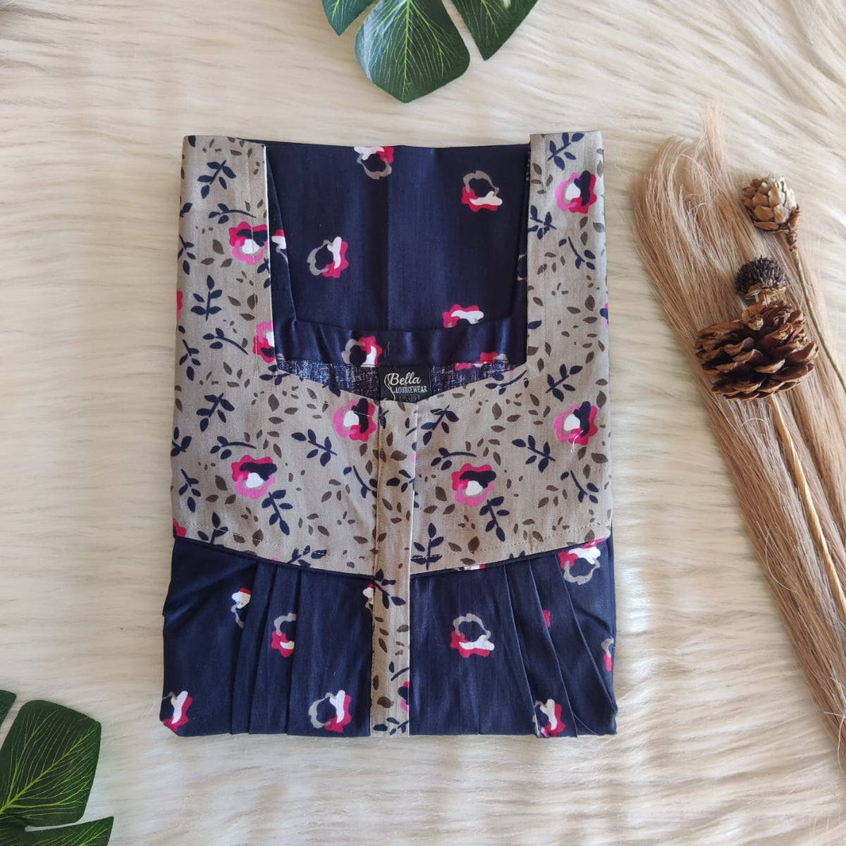 Beige And Navy Blue Premium Cotton Square Neck Pleated Nighty | Free Size | Chest Width 44″| Length 55″-56″