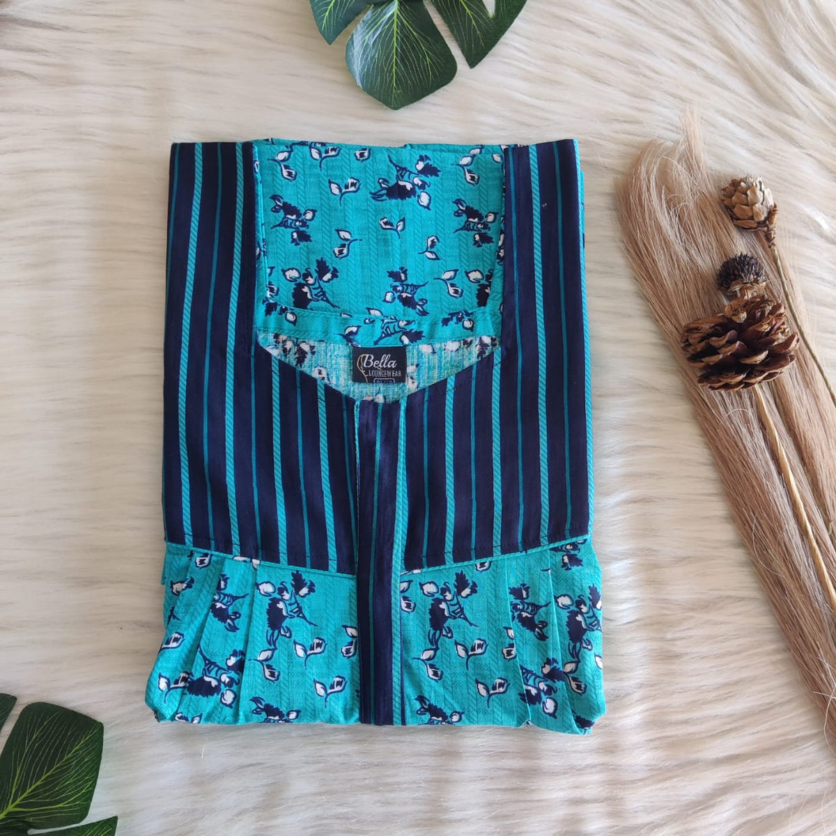 Dark And Pale Blue Premium Cotton Square Neck Pleated Nighty | Free Size | Chest Width 44″| Length 55″-56″