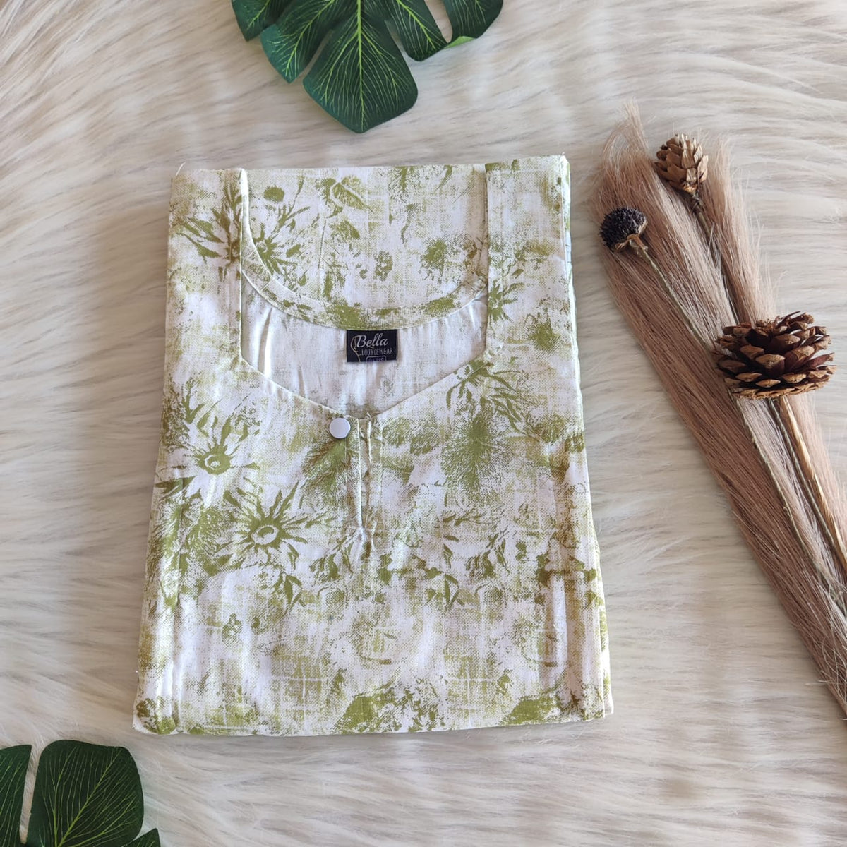 Pastel Green Printed Premium Cotton Aline Cut Vertical Zip Feeding Nighty | Free Size | Chest Width 44″| Length 54″-56″