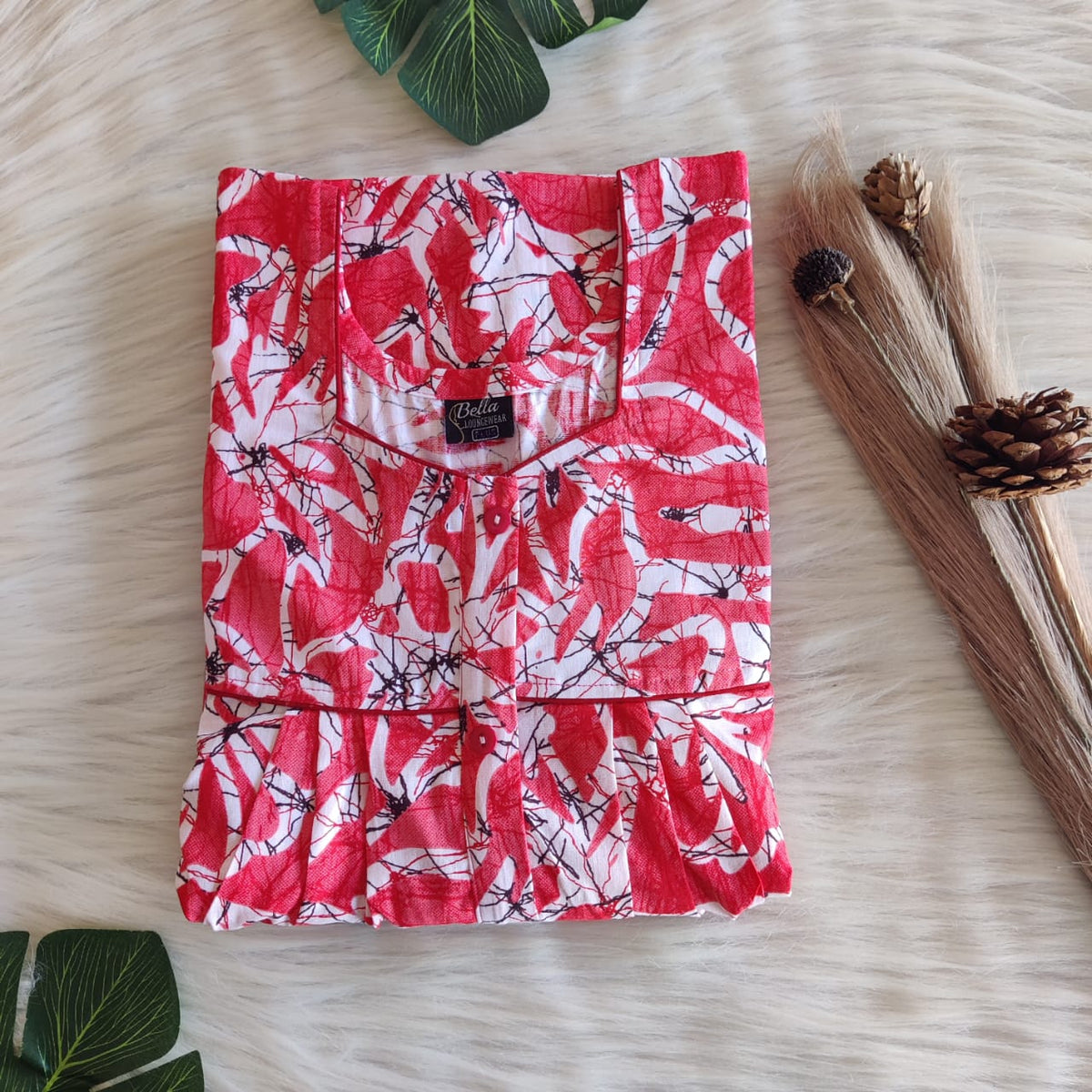 White Printed Red Premium Cotton Button Zip Nighty | Free Size | Chest Width 44″| Length 55″-56″