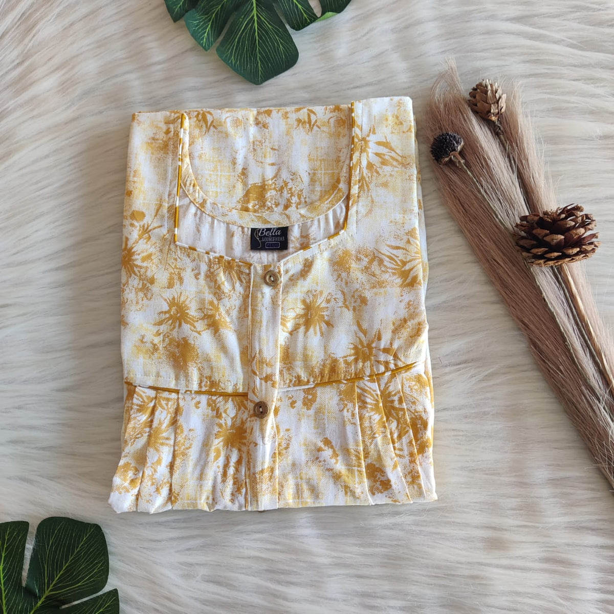 Pale Yellow Printed Premium Cotton Button Zip Nighty | Free Size | Chest Width 44″| Length 55″-56″
