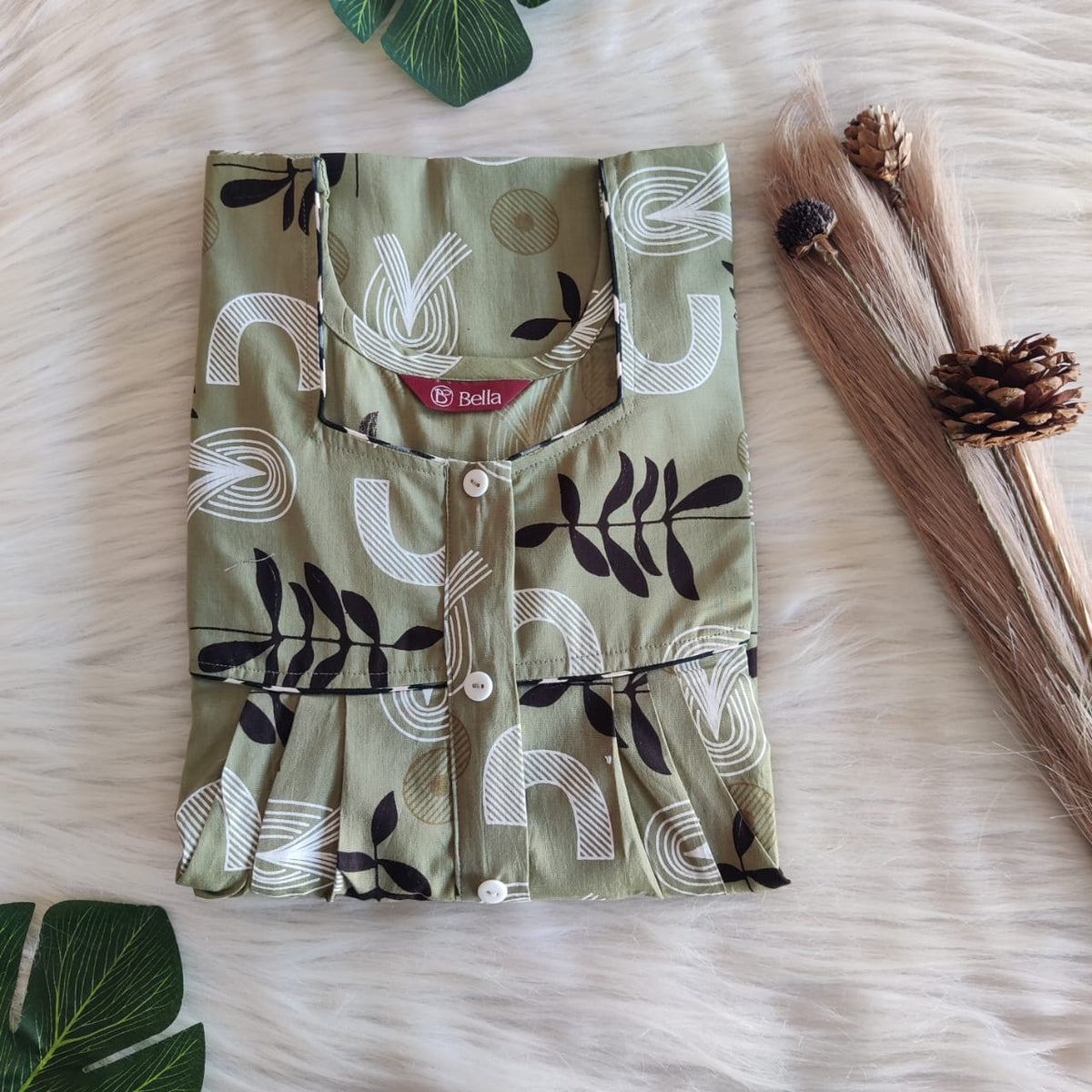 Pastel Green Printed Premium Cotton Button Zip Nighty | Free Size | Chest Width 44″| Length 55″-56″