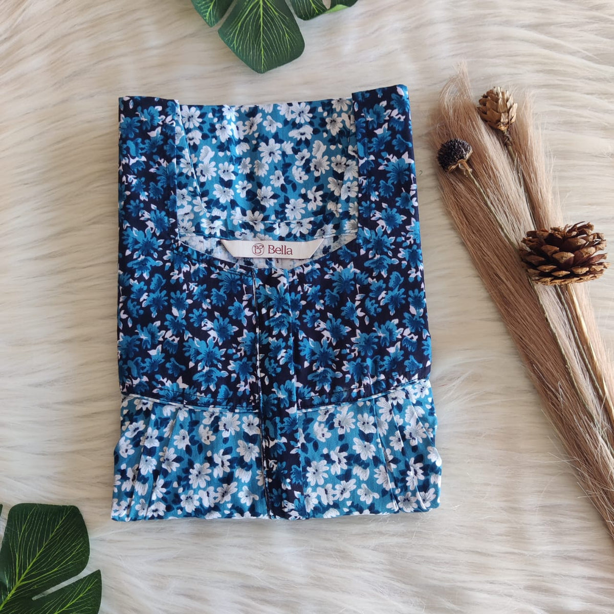 Blue And White Floral Premium Cotton Square Neck Pleated Nighty | Free Size | Chest Width 44″| Length 55″-56″