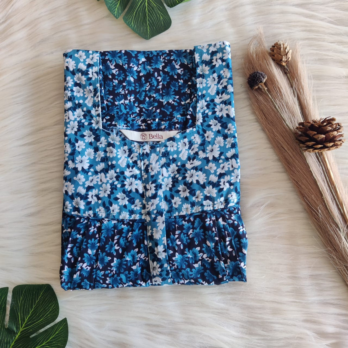 White And Blue Floral Premium Cotton Square Neck Pleated Nighty | Free Size | Chest Width 44″| Length 55″-56″