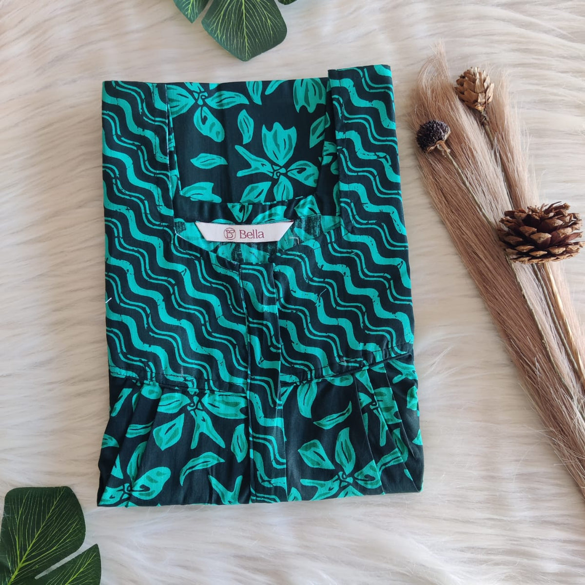 Black And Green Floral Premium Cotton Square Neck Pleated Nighty | Free Size | Chest Width 44″| Length 55″-56″