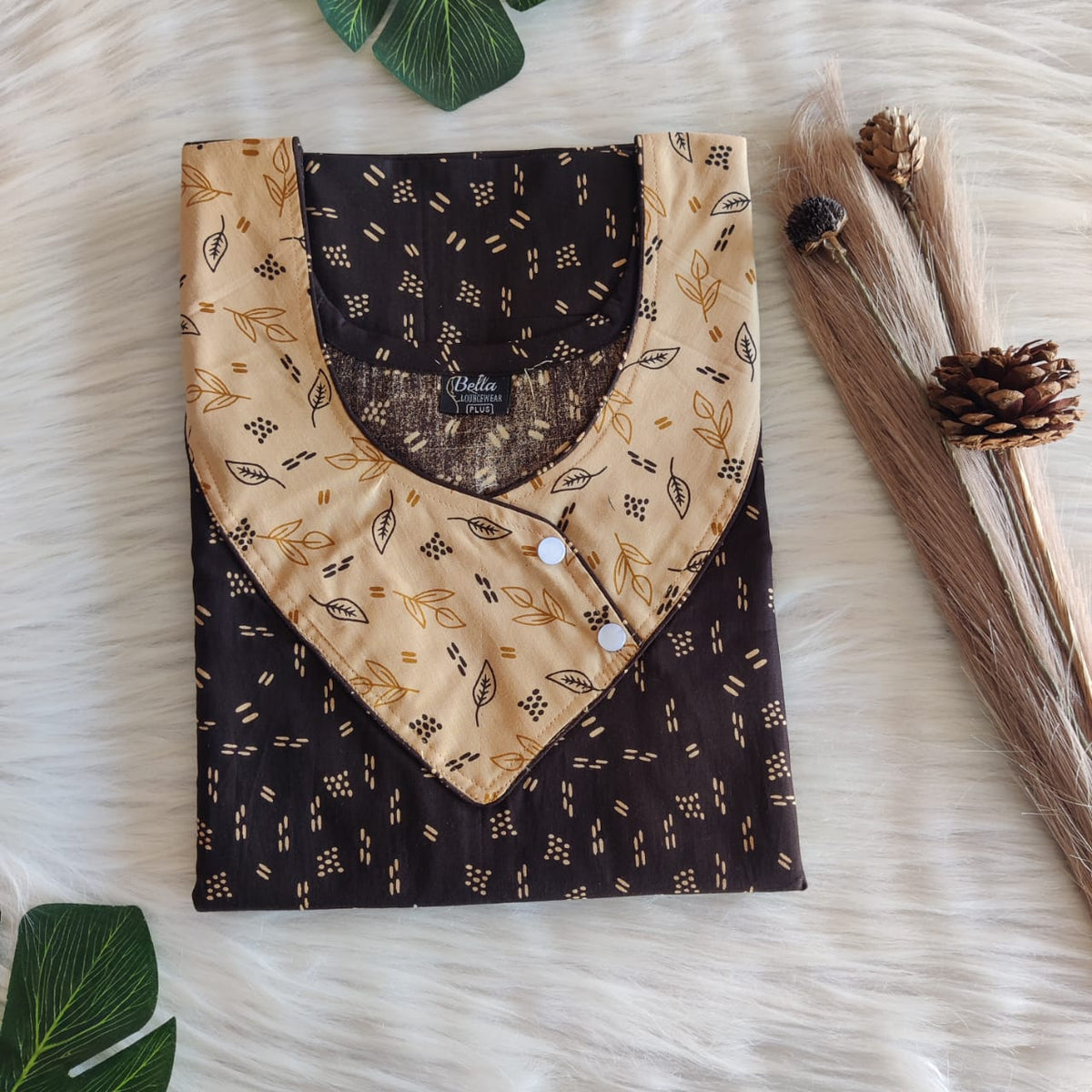 Yellow And Coffee Brown Printed Premium Cotton Side Button Nighty | Free Size | Chest Width 44″| Length 55″-56″