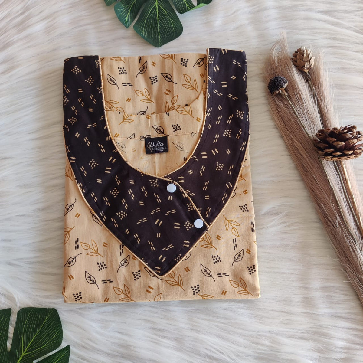 Coffee Brown And Yellow Leaf Printed Premium Cotton Side Button Nighty | Free Size | Chest Width 44″| Length 55″-56″