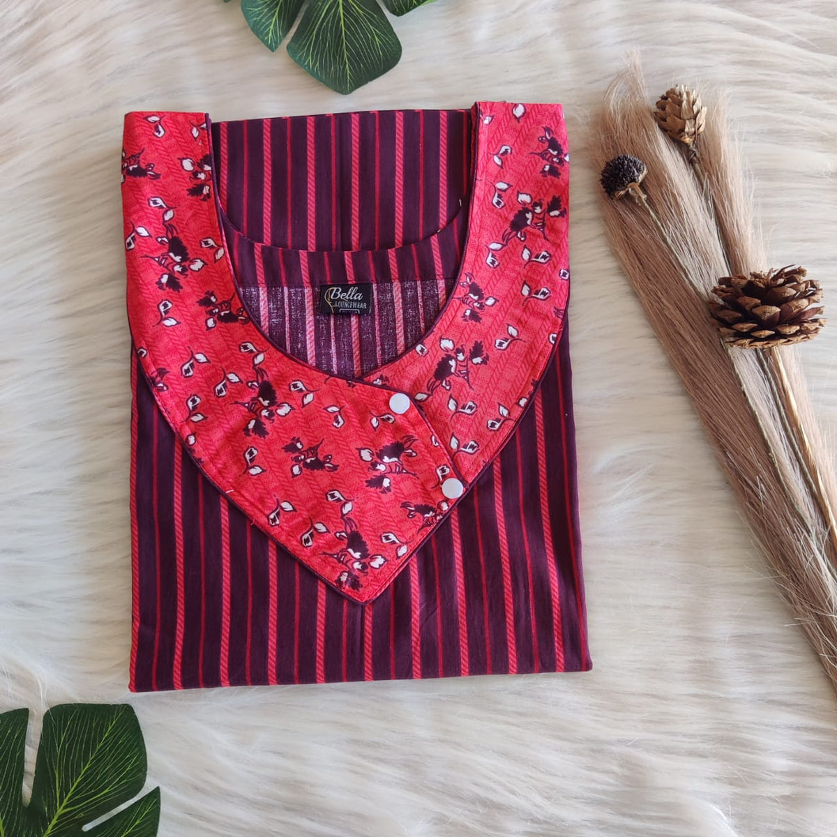 Red And Wine Stripes Printed Premium Cotton Side Button Nighty | Free Size | Chest Width 44″| Length 55″-56″