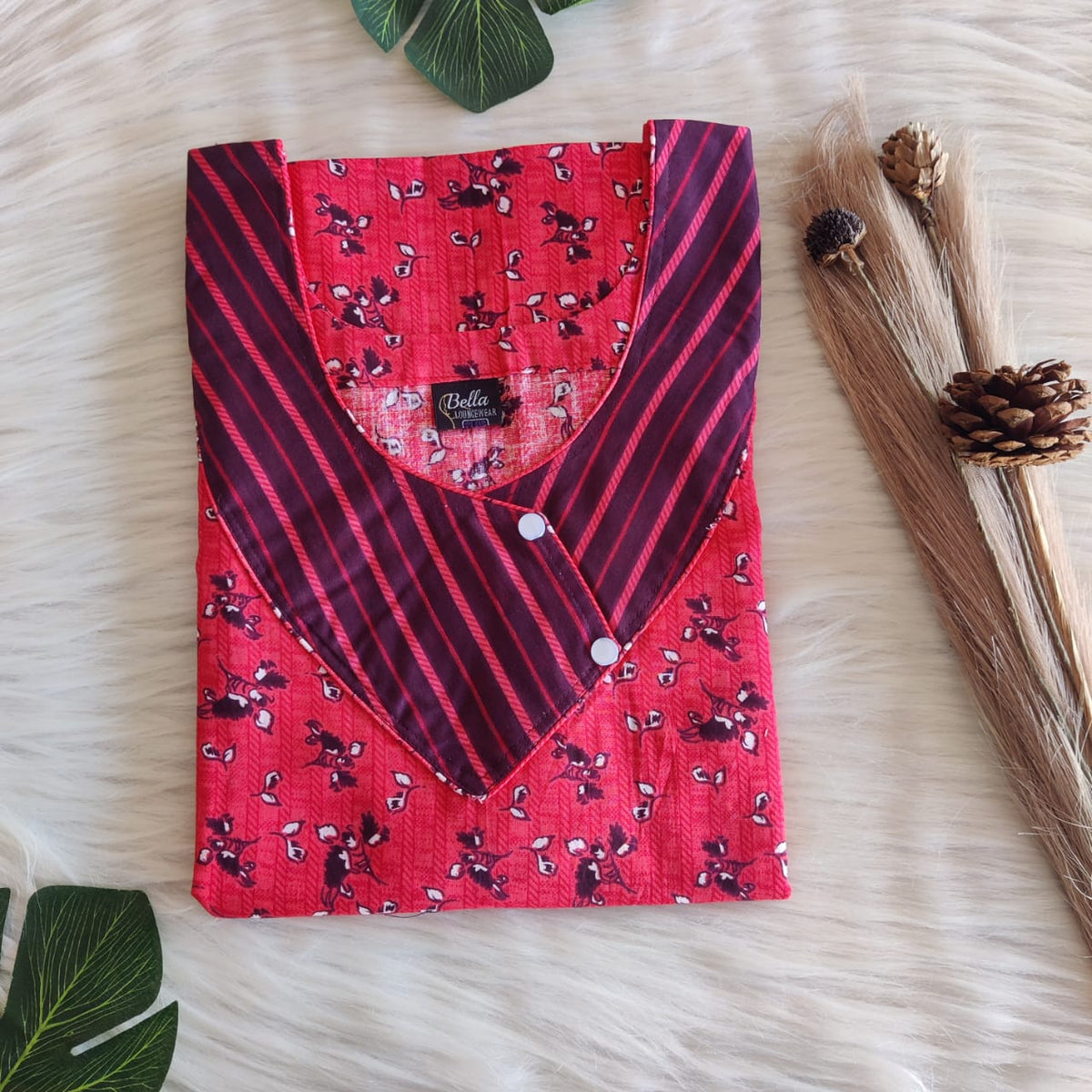 Wine And Red Printed Premium Cotton Side Button Nighty | Free Size | Chest Width 44″| Length 55″-56″